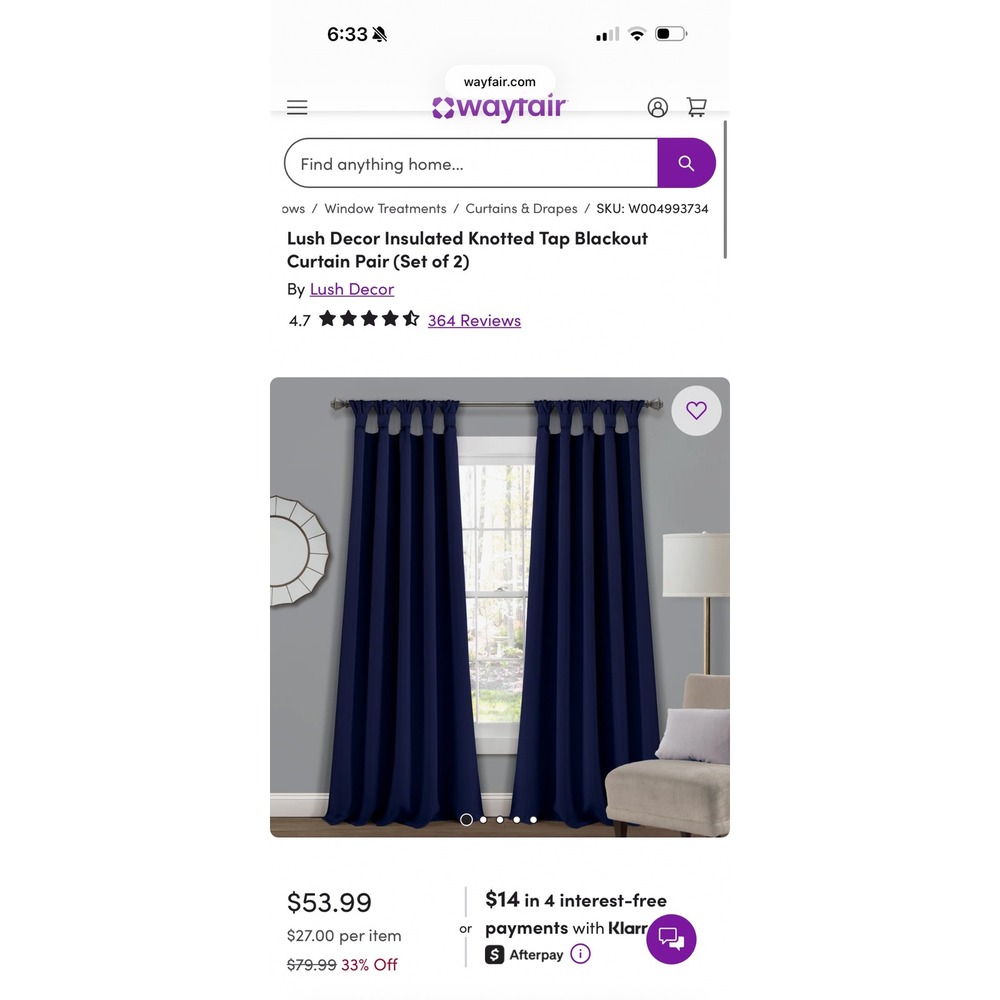 Lush Decor Insulated Knotted Tab Blackout Curtain Pair Navy Blue 52x84 Set of 2
